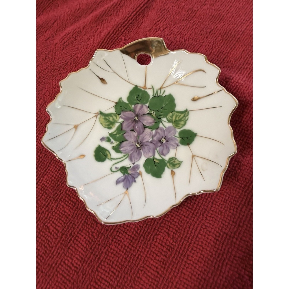 Vintage NASCO Leaf Shaped Dish Purple Violets 5" Made In Japan